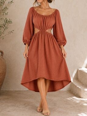 Bohme Dusty Rose Gauze Cutout Midi Dress Puff Sleeve Boho Medium
